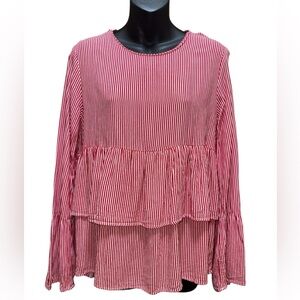 Zara Trafaluc Bohemian Red White Hickory Striped Ruffle Tier Blouse size M